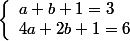 \left\lbrace\begin{array}l a+b+1=3 \\ 4a+2b+1=6 \end{array} 